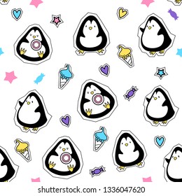Vector seamless pattern. Penguin with donut and ice cream. Cartoon style. eps 10