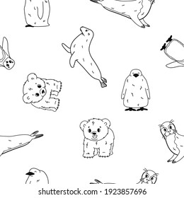 Vector seamless pattern of Penguin, king penguin chick, fur seal, polar bear cub, small Common seal. Set of isolated small cartoon outline cute sea and ocean animals for kids book, prints for clothes