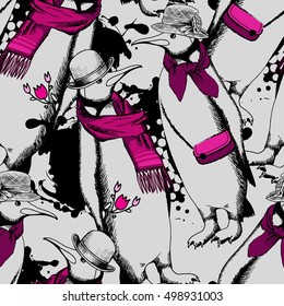 Vector seamless pattern with penguin. Rendezvous. Hand drawn illustration. 