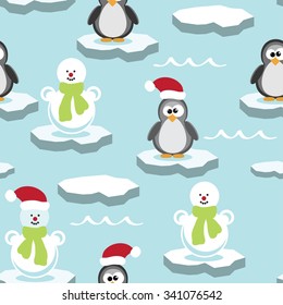 Vector seamless pattern with penguin and snowman on ice floe