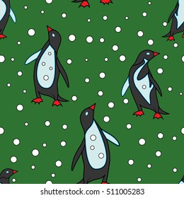 Vector seamless pattern with penguins and falling snow on green background. Illustration for textile, wrap or wallpaper.