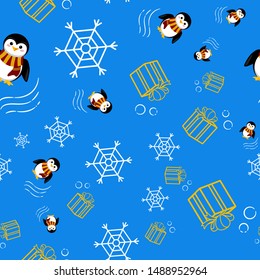 Vector seamless pattern with penguins, gift boxes, snowflakes and decorative lines on a blue background. Illustration with a penguin in clothes. Celebrating Christmas and New Year. Package design.