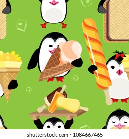 Vector seamless pattern of penguins with Ice Cream. On a bright green background