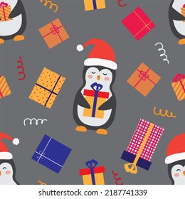 Vector seamless pattern with penguins in Santa Claus hats and gift boxes, confetti's