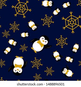 Vector seamless pattern with penguins and snowflakes on a dark blue background. Penguin in a yellow bow-tie. Print for fabric. Package design. Celebrating Christmas and New Year.