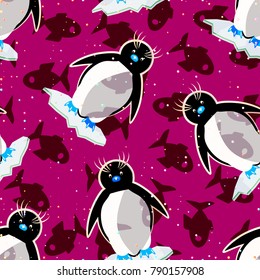 

Vector seamless pattern with penguins, snowflakes, fishes on pink; madagascar penguins swimming on ocean with fishes;
northern birds on slices of ice in ocean; seamless colorful background for texti