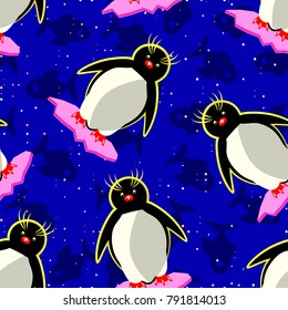 Vector seamless pattern with penguins, snowflakes, fishes in blue; madagascar penguins swimming on ocean with fishes;
northern birds on slices of ice in ocean; seamless colorful background for textil,