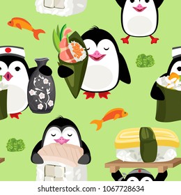 Vector seamless pattern of penguins with Sushi. On a pastel green background