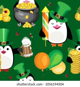 Vector seamless pattern of penguins with the symbols of St. Patrick's Day. On a dark green background