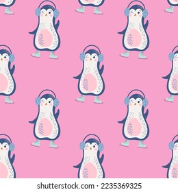 Vector seamless pattern with penguins wearing skates and headphones. Bright childish background. World Penguin Day. Digital paper.
