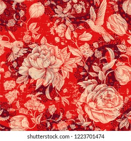 Vector seamless pattern with peonies and birds in Provence style. Floral background texture for cards, invitations, web, fabrics. Vector floral backdrop. Red pattern with flowers