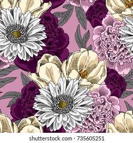 Vector seamless pattern with peonies, gerbera and tulip 1