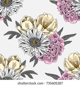 Vector seamless pattern with peonies, gerbera and tulips 3