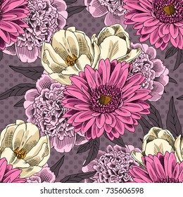Vector seamless pattern with peonies, gerberas and tulips 3