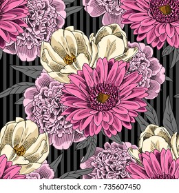 Vector seamless pattern with peonies, gerberas and tulips 5