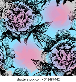 Vector seamless pattern with peonies. Pink, blue flowers. 