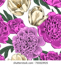 Vector seamless pattern with peonies and tulip 1