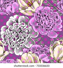 Vector seamless pattern with peonies and tulip 2