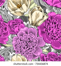 Vector seamless pattern with peonies and tulip 3