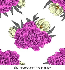 Vector seamless pattern with peonies and tulip 3