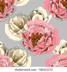 Vector seamless pattern with peonies and tulip 3