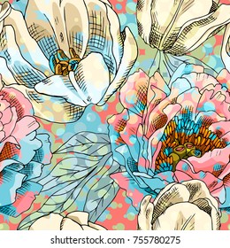 Vector seamless pattern with peonies and tulips 