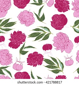 Vector seamless pattern of peony blossom in trendy vibrant pink color. Hand drawn floral. Use for backgrounds, wrapping paper, wallpaper, print for greeting card, invitations, wedding.