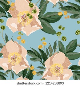 Vector seamless pattern with peony flowers, leaves and herbs.