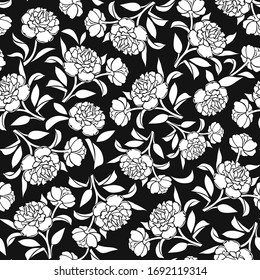 Vector seamless pattern with peony flowers silhouettes.