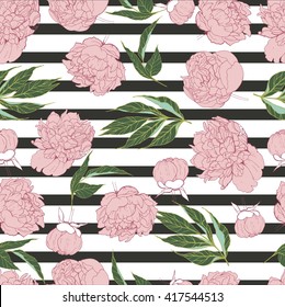 Vector seamless pattern of peony in trendy pantone color rose quartz isolated on black strips. Hand drawn floral and geometric pattern. wrapping paper, wallpaper, greeting card, invitation, wedding. 