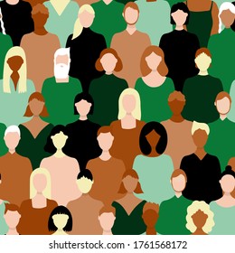 vector seamless pattern. People of different nationalities stand and look straight. Illustration in green and brown colors. Men and women, the crowd.