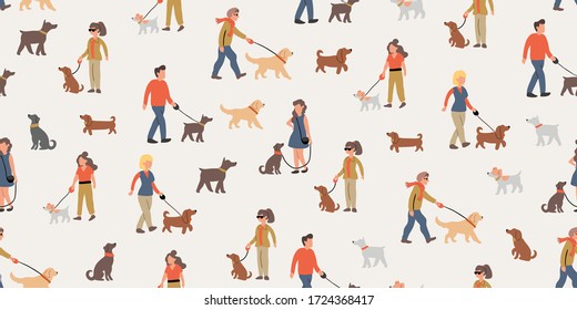 Vector Seamless Pattern With People Dog Walking With Many Dogs Breeds.  Dog Walker Concept Illustration In Cartoon Hand Drawn Style. Dogs On The Street Seamless Pattern Design. Urban People With Pets