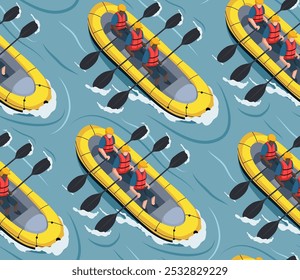 Patrón sin fisuras de Vector con personas haciendo rafting en la vista superior del río. Textura con ocio deportivo activo en estilo plano. Hobby extremo de deportes acuáticos con amigos. Antecedentes para el Fondo de pantalla