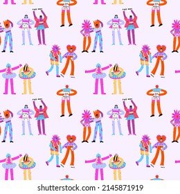 vector seamless pattern with people at human rights protests. Print in support of feminism, gender-free, lgbt, body neutrality. Abstract non-binary people. People power.Vibrant generation Z ornament