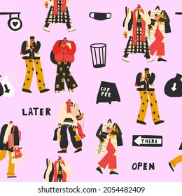 vector seamless pattern with people and metropolis elements.Autumn and winter urban landscape-people walking, signs, trash cans.New york and london style.Multi-raced diversity characters