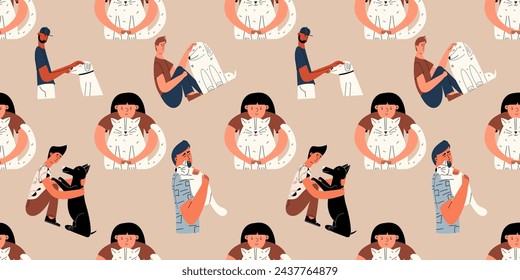 Vector seamless pattern with people and pets. Caring for pets, cats and dogs. Vector hand draw illustration for print,  typography, background, web.