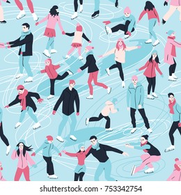 Vector seamless pattern with people skating. Colorful illustration in blue, pink colors