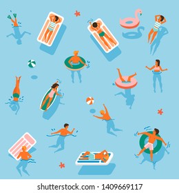 Vector seamless pattern. People swim on inflatable circles, inflatable mattresses, Top view. Summer time. Men and women swim in the ocean, sea, swimming pool. View from above.