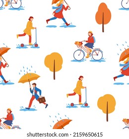 Vector seamless pattern with people and trees. Trendy of autumn hand drawn pattern. Design for textile, wrapping paper, wallpaper and other uses.