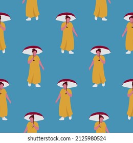 Vector seamless pattern with people walking on the street. Colorful background with tiny people. Illustration in flat style