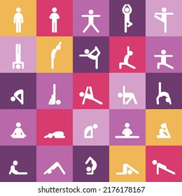 Patrón vectorial sin fisuras con personas en asanas de yoga. Estilo de vida saludable. Elementos de diseño. Ilustración colorida.