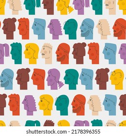 Vector seamless pattern with people's faces in profile. Cute unrealistic men and women of different colors and with a variety of hairstyles.