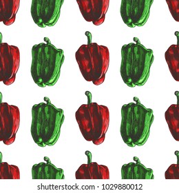 Vector seamless pattern with pepper isolated on white. Hand drawn color texture with fresh paprika in sketch style. Background with engraved vegetables