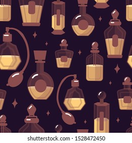 Vector seamless pattern with perfume bottles on the dark background. Cosmetology and beauty industry. For flat design, posters, texture, textile, web banners, package design. All elements are isolated