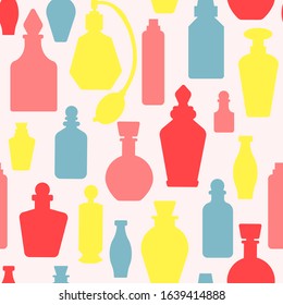 Vector seamless pattern with perfume bottles. Colorful cartoon style. For package design, textile, covers, wallpaper. Beauty saloon. Aromatherapy. Yellow blue pink bottles. All elements are isolated.