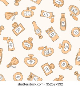 Vector seamless pattern with perfume bottles of different shapes on beige background
