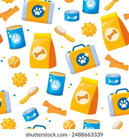 Vector seamless pattern with pet accessories includes animal toys, food, care products etc.	