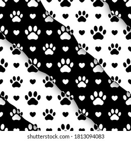 Vector seamless pattern. Pet prints. Cute paw. Background for pets, dog or cat. Foot puppy. Black silhouette shape paw. Footprint pet. Animal track. Trace foot dog, cat. Design walks pet for print