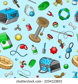 Vector seamless pattern with pet toys, food, care stuff and other accessories for domestic animals. Cartoon goods for cat and dog. Cute design for pet shop, vet store, web design, package and textile.