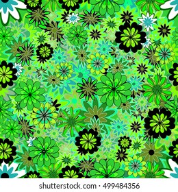 Vector seamless pattern with petals flowers on green.
